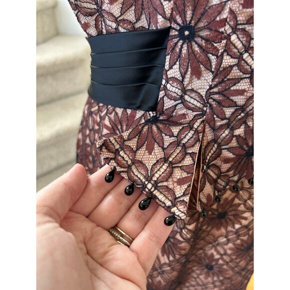 Vintage Brown Lace 50s 60s Black Band Sheath Dress - Picture 7 of 9